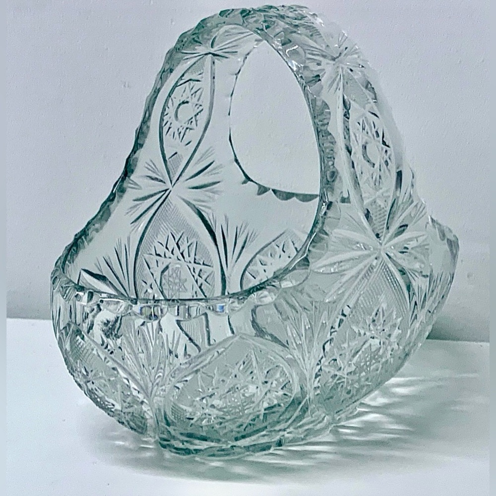 Mid Century Vintage Heavy Lead Cut Crystal Easter Egg Basket Candy Dish